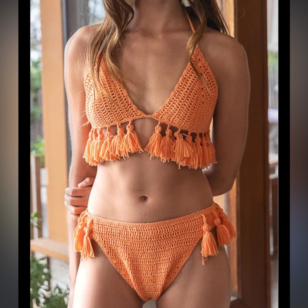 POL Orange Crochet Tassel Bikini Set